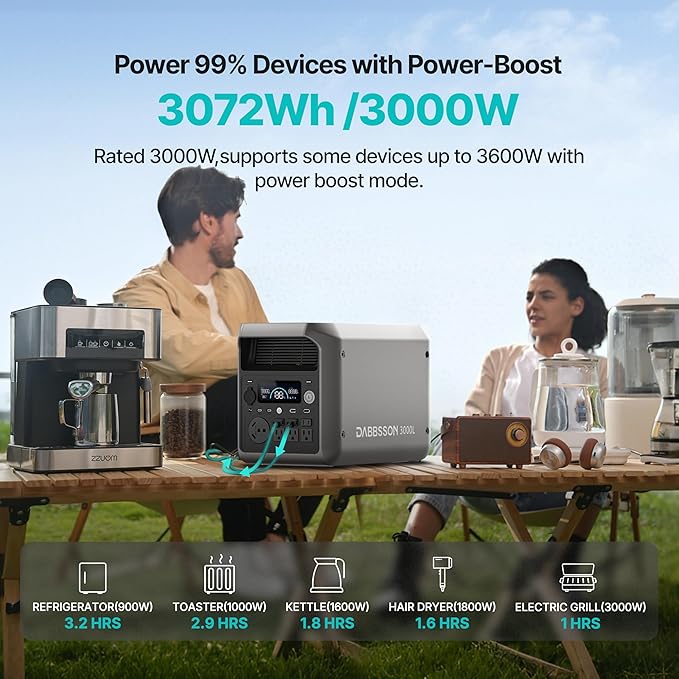 DABBSSON 3072Wh Solar Generator, Semi-Solid LiFePO4, 3000W AC Output×6,TT-30×1 for Charging RV,P-Boost 3600W, Compact Lightweight, 1.3X Runtime,0-80% 1.5H,3000L Portable Power Station for Camping/Home