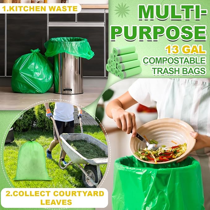 200 Count 13 Gallon Compostable Trash Bags with Drawstring Tall Kitchen Food Scrap Waste Bag Heavy Duty Extra Thick 1 Mil Tear Resistant for Lawn Yard Home Kitchen Office