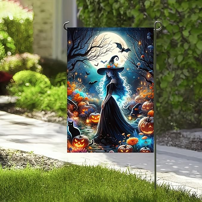 Halloween Witch Garden Flags,Witch Best Friend Black Cat Halloween Yard Flag,Holiday Patio Yard Outdoor Party Decor 12x18 Inch Double Sided