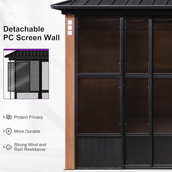 PURPLE LEAF 12' X 20' Patio Hardtop Gazebo Double Top Outdoor Screen House Aluminum Solarium Backyard Sun Room with Detachable Windows and 36 Solar String Light
