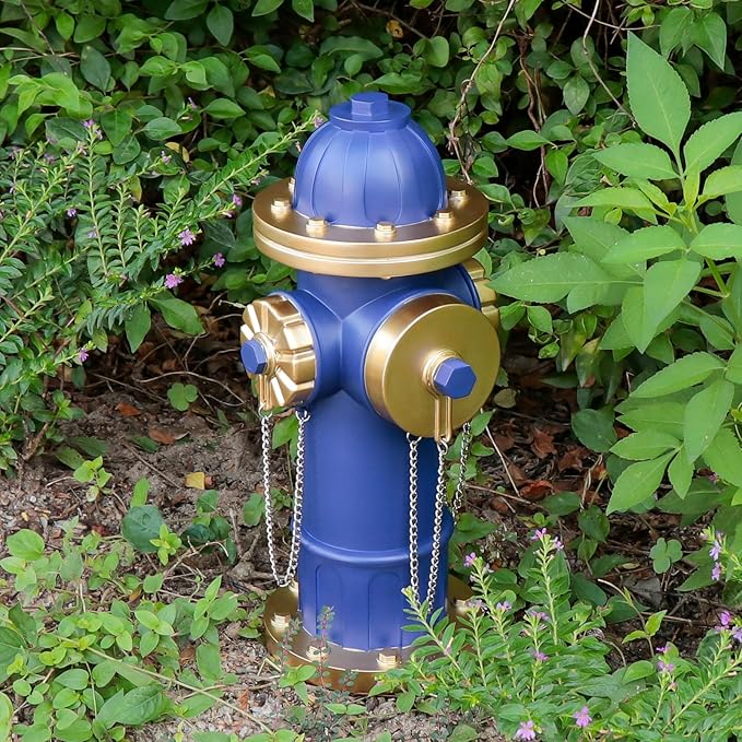Dog Fire Hydrant Puppy Pee Training Post Garden Statue, Blue & Gold Fire Hydrant Outdoor Figurines Decor for Yard Garden Lawn Patio, 14 Inches (H) *6.5 Inches(W)
