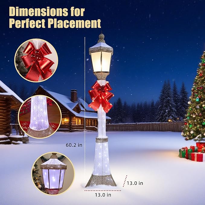 60-Inch Outdoor Christmas Decorations Outdoor Lighted Lamp Post 3D Lamppost LED Lighted Post Christmas Decoration with 128 LED Lights & Bow Holiday Decorations for Yard, Porch, Patio