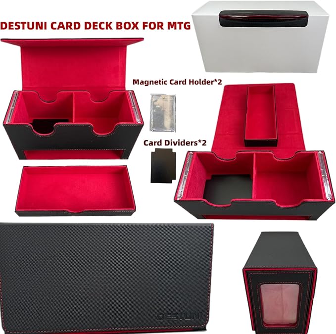 Card Deck Box for mtg – Fits 100+ Double-Sleeved Cards, Dual Commander Display with Dice Tray, PU Leather Organizer for TCG, CCG, Sports Cards (Black&Red)
