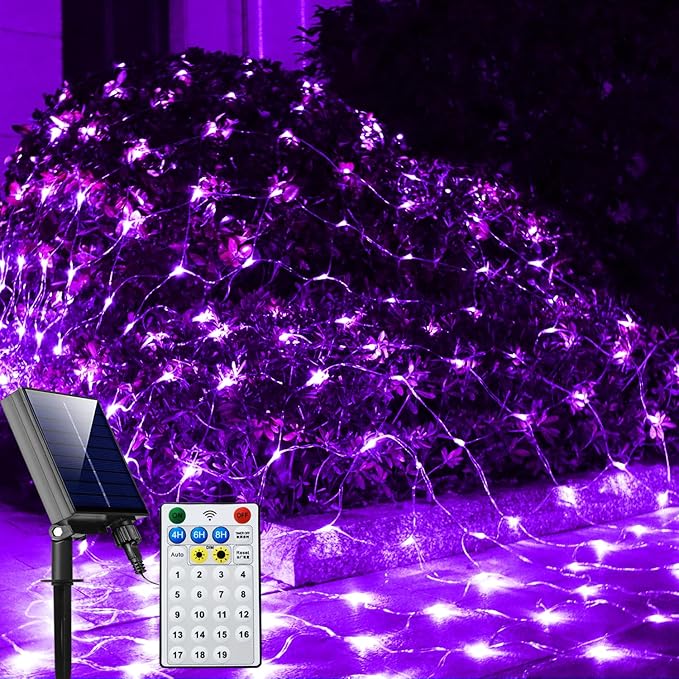 Curyidy Solar Net Halloween Lights Purple,200 LED Net Lights Outdoor Mesh Lights, 19 Modes Solar Powered/USB Remote Control String for Garden, Yard, Bushes, Trunk, Halloween, Xmas Tree Decor