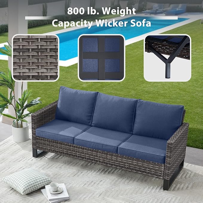 7 Piece Wicker Patio Furniture with Fire Pit Table - Outdoor Conversation Set with 50,000 BTU Fire Pit, All Weather Rattan Patio Set for Deck Backyard Garden - Grey Wicker Blue Cushion
