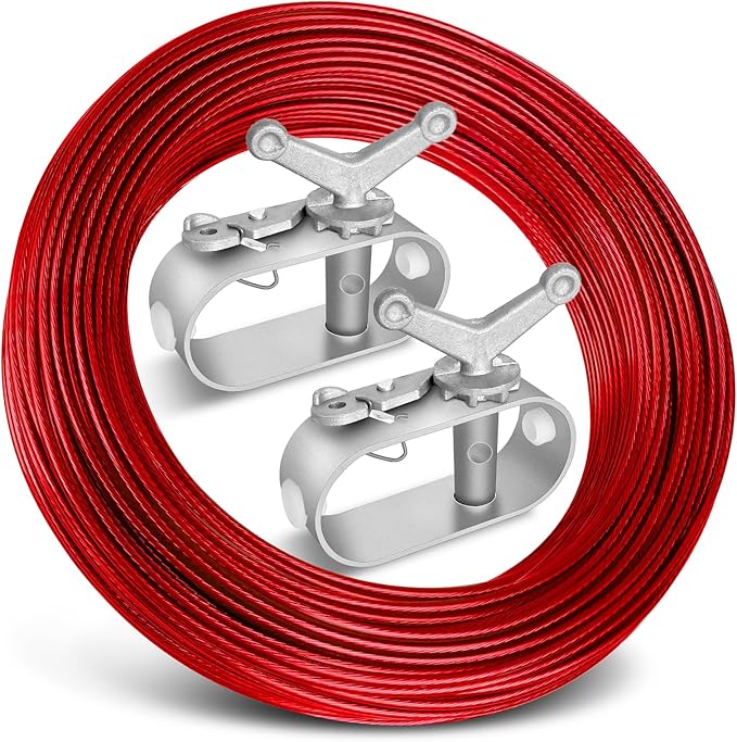 Belleone Swimming Pool Cover Cable and Winch Kit - 150ft Plastic-Coated Steel Pool Cover Wire & Aluminum Spring Loaded Pool Cover Ratchet for Above Ground Swimming Pool Winter Safe (Red)