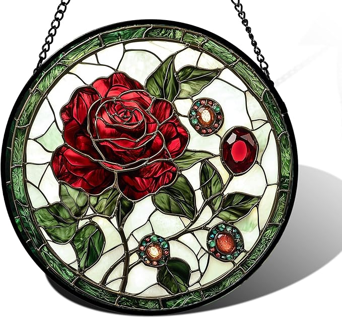 Stained Glass Window Hanging, Red Rose Gemstone Green Sun Catchers Diamond Glass Panel Hangings Suncatcher Decor for Birthday for Women, Men, Wife, Aunt, and Mom 6.3 in
