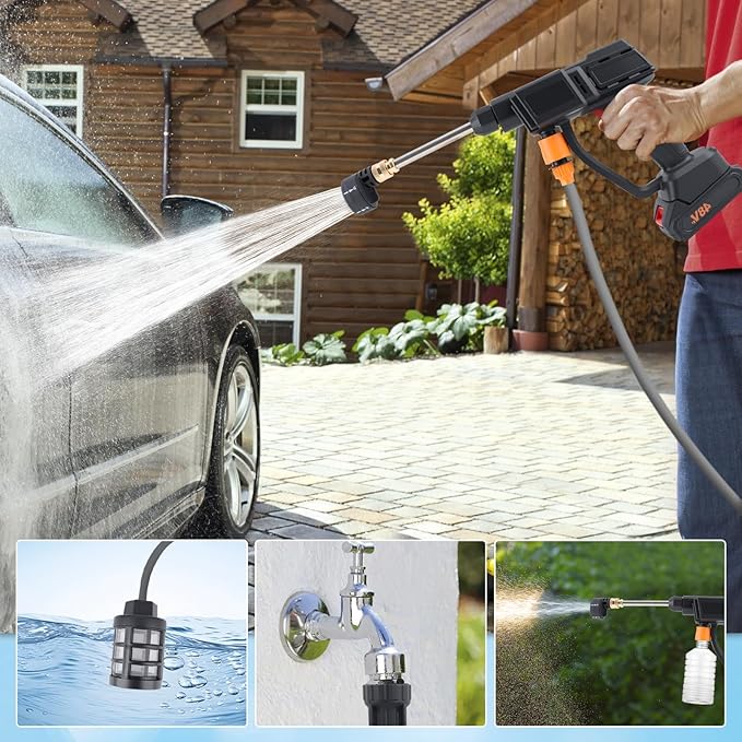 Cordless Pressure Washer,500PSI Portable Power Washer with 2 Battery&Charger & 6-in-1 Nozzle,16.4FT Drain Hose,Portable Pressure Washer for Car/Garden/Floor/Yard