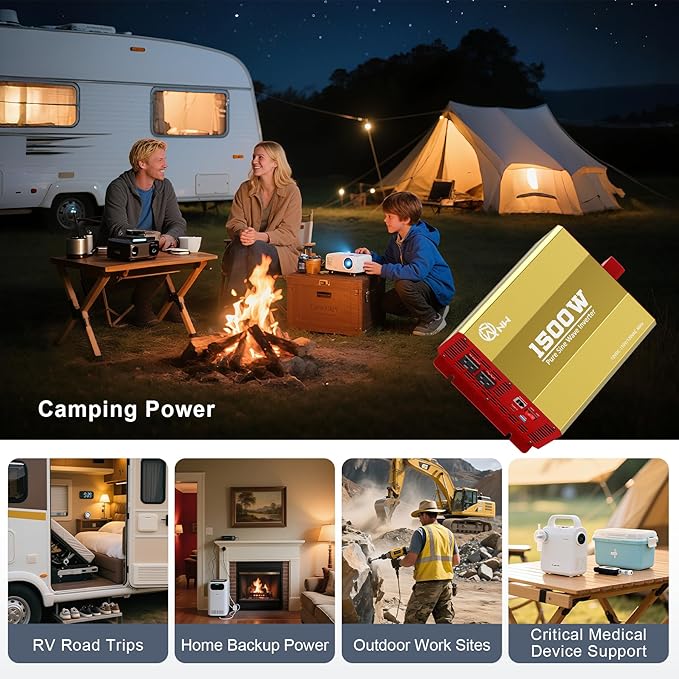 1500W Pure Sine Wave Power Inverter, DC 12V to AC 120V Converter with 3000W Surge, LCD Display, Remote Control, 2 USB Ports & 3 AC Outlets — for RV, Solar, Home Backup