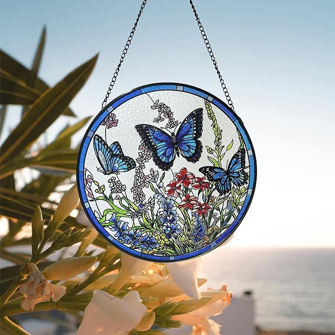 Lager Butterfly Suncatchers for Windows, Butterfly Stained Glass Window Hanging，6.3 inch