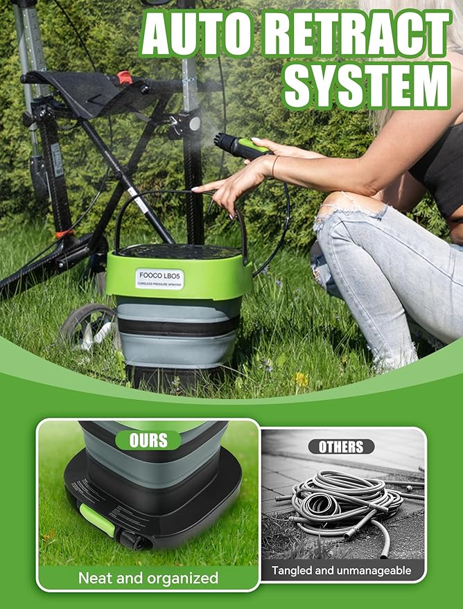 Portable Cordless Electric Sprayer with 3.2 Gal Water Tank, Auto-Retract & Any-Length Lock Hose, 3 Nozzles Portable Pressure Washer for Rinseless Car Wash, HVAC Coil Cleaning, Pet Care & Outdoor Use