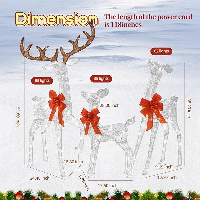 3D Reindeer Family Christmas Decor Set 4.5Ft Lighted Christmas Reindeer/Deer Family Set Outdoor Christmas Yard Decorations with Stakes & Zip Ties for Holiday Lawn Patio Party