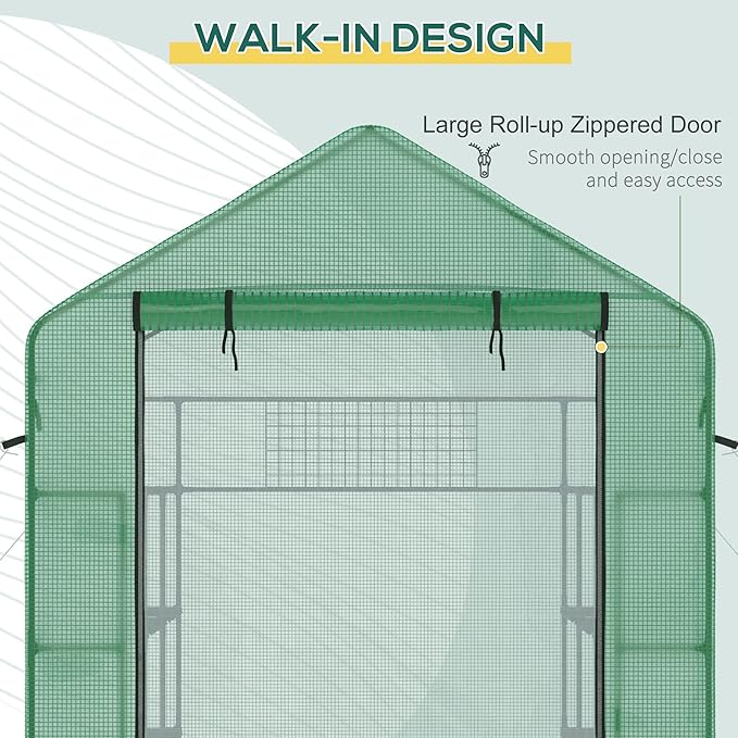Outsunny 8' x 6' x 7' Walk-in Greenhouse with Mesh Door and Windows, 18 Shelf Green House with Trellis, Plant Labels, UV Protective for Growing Flowers, Herbs, Vegetables, Saplings, Green