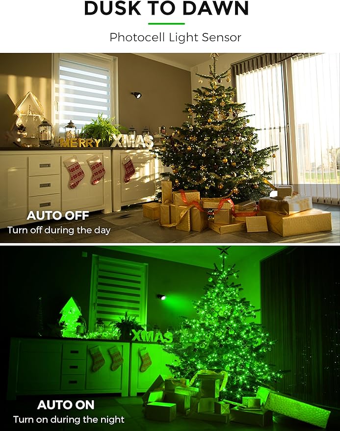 L LOHAS LED Green Spotlight Outdoor, Christmas Green Spot Lights for Yard, Auto On/Off 5W 120V Landscape Lighting for House, Holiday, Trees, Decoration, 450LM IP66 Waterproof, UL Listed, 2 Pack