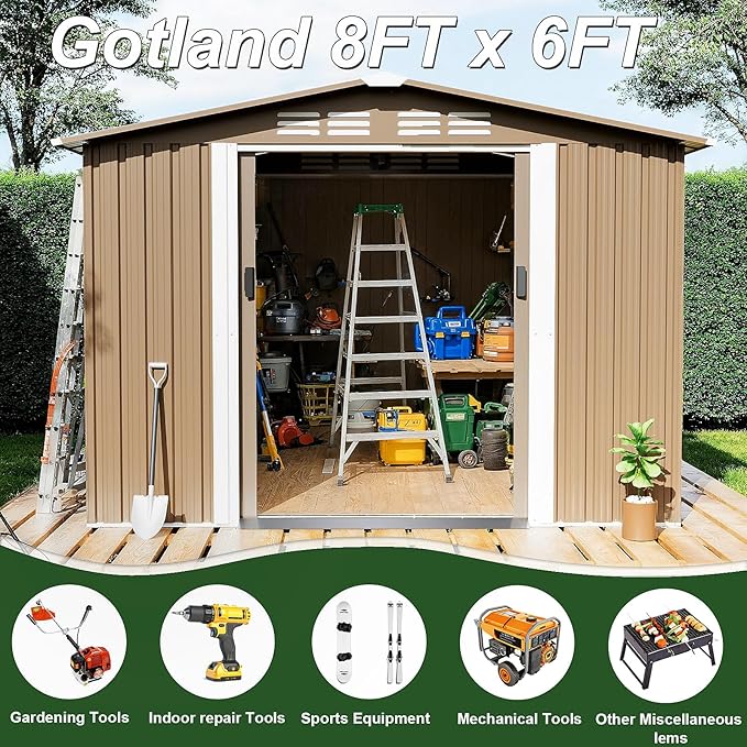 Gotland 8FT x 6FT Sheds & Outdoor Storage, Metal Shed with Sloped Steps Waterproof Sloped Roof, Storage Shed with 2 Lockable Slide Doors, Outdoor Shed for Backyard Patio Lawn Brown