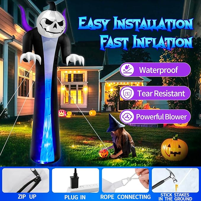 12FT Halloween Inflatables Decoration Outdoor Giant Pumpkin Reaper Ghost Built-in 3-Colored Rotation Flame LED Halloween Blow Up Yard Decorations Spooky Outdoor Party Yard Lawn(1PCS)
