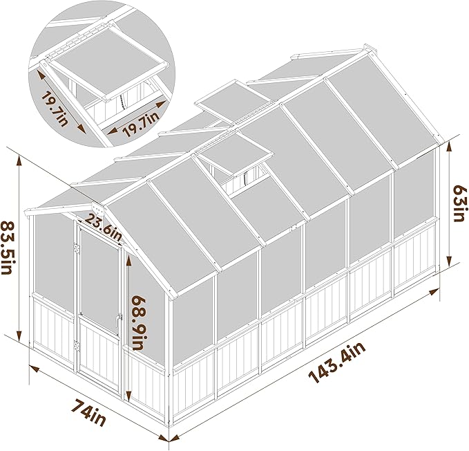 BlueWish 6x12FT Greenhouse, Wood Greenhouses with 6MM Thick Polycarbonate, Adjustable Vent, Cedar Frame, Greenhouse for Outside, Garden, Backyard,Light Brown Mocha