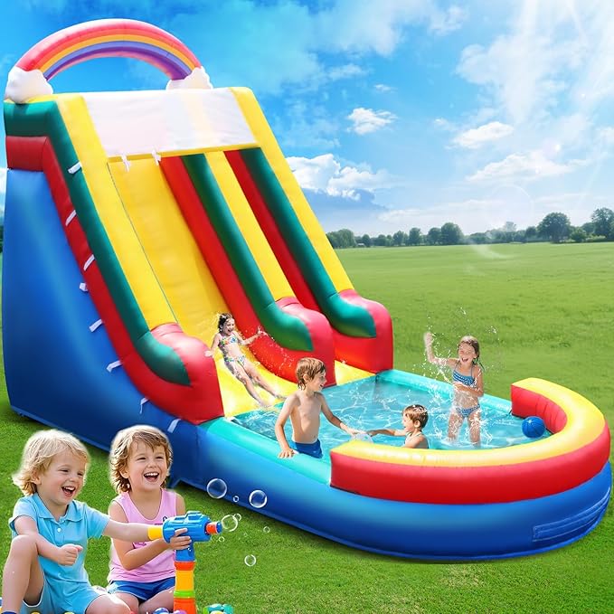 Inflatable Water Slide for Adults, 21FT 100% PVC Waterslide with Big Splash Pool, Widen Slide with Shallow Pool, 750W Air Blower, Ideal for Backyard, Park (Color Arc)