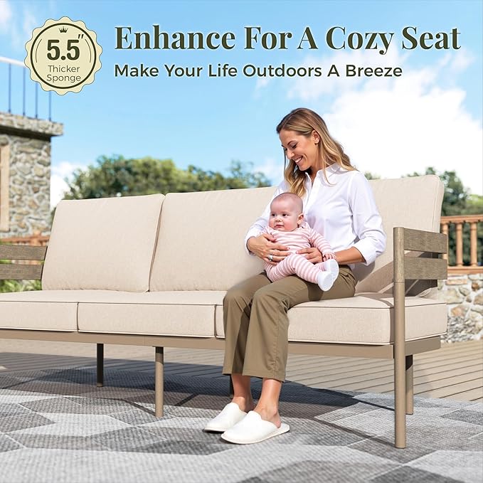 5-Piece Outdoor Patio Conversation Furniture Set, Sectional Outdoor Furniture with Washable Thick Cushions, Steel Modern Conversation Set with Nesting Coffee Table for Porch, Balcony - Beige