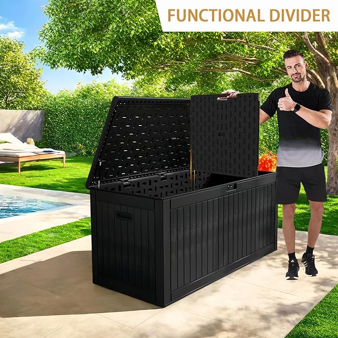 LANTRO JS 320 Gallon Deck Box Waterproof, Resin Outdoor Storage Box Extra Large Lockable with Divider and Lifter Prevent Water Seeping into from Floor for Patio Cushions