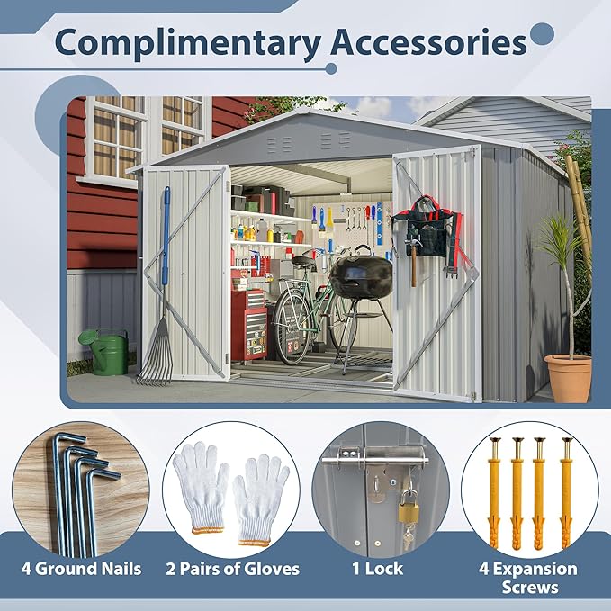 10X8 FT Outdoor Tool Storage Shed with Metal Foundation & Lockable Doors, All Weather Metal Sheds for Garden, Patio, Backyard, Lawn, Gray