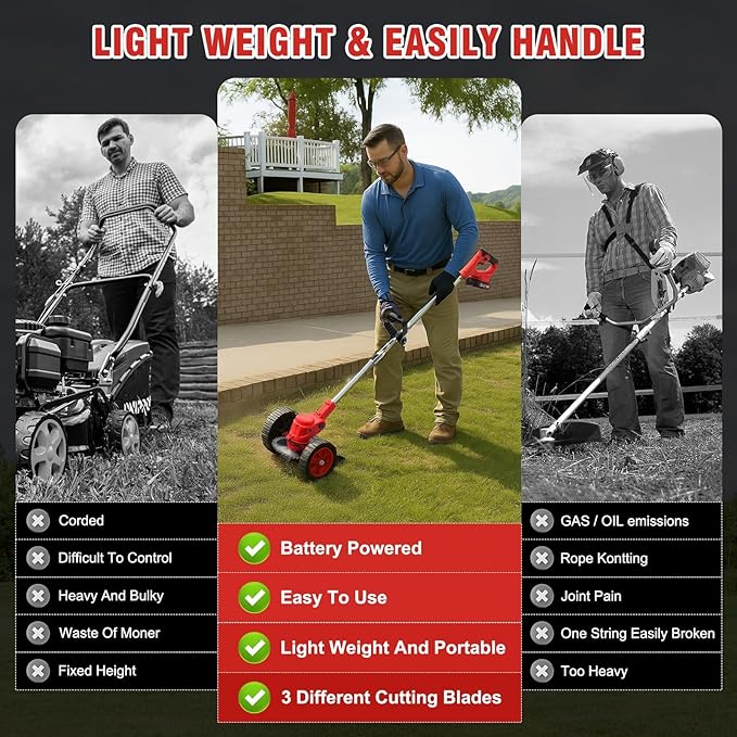 ALSO GO 24V Electric Weed Wacker, Cordless Grass Trimmer, Battery Powered Weed Eater with 2pcs Batteries & Charger, 3 in 1 Brush Cutter/Edger with Wheels for Garden and Yard Lawn