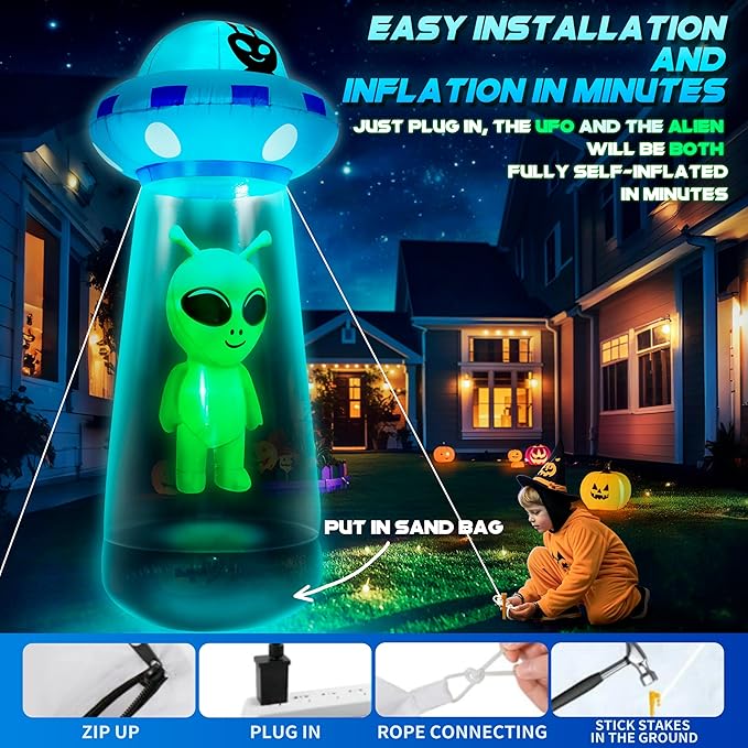 9.5Ft Towering Halloween Inflatables Decorations Outdoor UFO Alien, Huge Halloween Blow Up Yard Decorations UFO Alien Invasion with Built-in LED Light Strong Blower for Festival Party Lawn