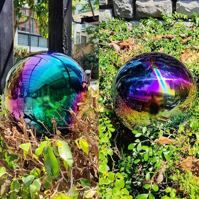 10 inch Diameter Gazing Ball,Rainbow Stainless Steel Polished Reflective Smooth Garden Sphere Globe Mirror,Colorful and Shiny Addition to Any Garden or Home