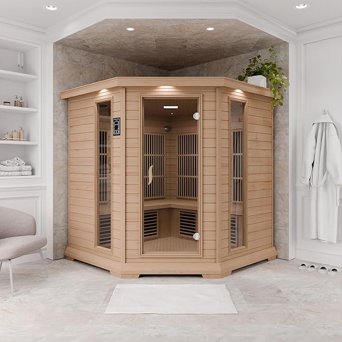 SteamSpa 1-5 Person Low EMF Carbon FAR Infrared Hemlock Wood and Tempered Glass Indoor Home Sauna Room with LED Touch Control Panel, Color LED Therapy Light, Bluetooth Speaker, Oxygen