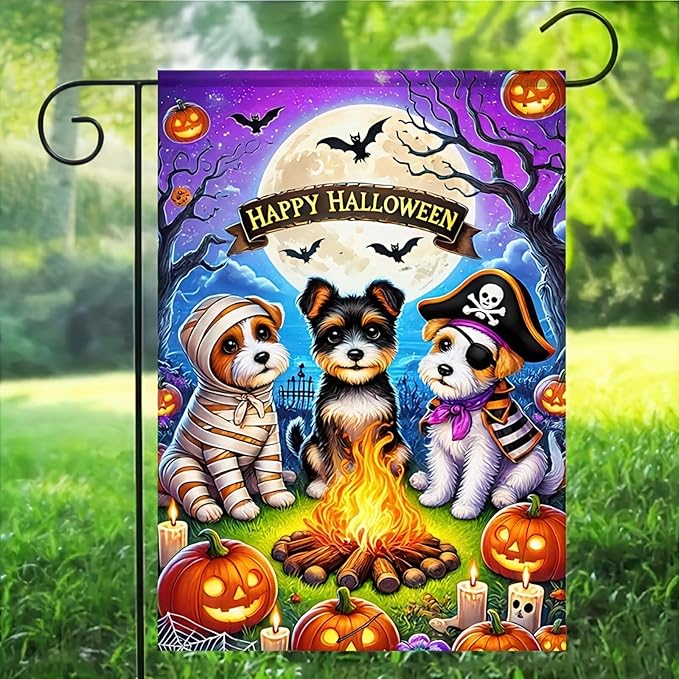 Happy Halloween Garden Flag Double Sided 12x18 Flag With Cute Dogs In Piratedogs Mummy Pirate Campfire Jack-O'-Lanterns Full Moon Garden Flag Outdoor Home Decor Lawn Event Party Supplies