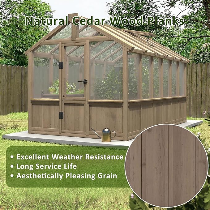 Greenhouse for Outdoor, 6x8ft-8x12ft Wooden WAK-in Greenhouse Kitwith 6MM Thick Polycarbonate Panel, Lockable Door & Adjustable Roof Vent ，Backyard Garden ﻿ (Light Mocha Brown, 6*12FT)