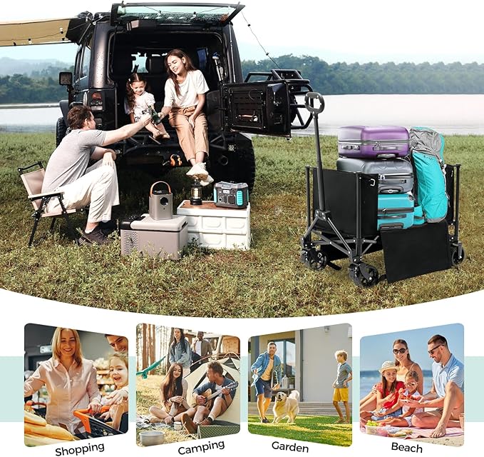 SUNNYFEEL Wagon Cart Foldable, Standard Borderless Version Collapsible Wagon with 220 LBS Max Load, Up to 120L Foldable Grocery Cart with Side Opened for Outdoor, Garden & Camping,Black