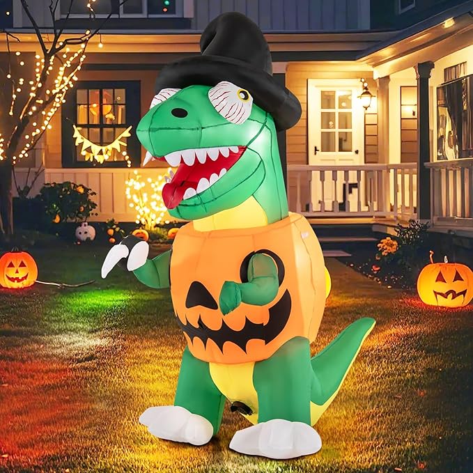 Goplus 6 FT Inflatable Pumpkin Dinosaur, Blow up Yard Decoration with Built-in LED Lights & Witch Hat, Halloween Inflatable Decoration with Stakes, Tethers & Sandbag, for Garden, Yard & Lawn