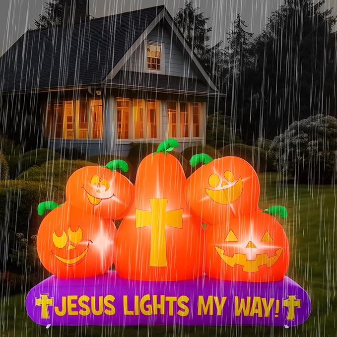 Chivao 5 ft Halloween Christian Inflatable Pumpkins Decoration for Outdoor Jesus Lights My Way Inflatable Pumpkins Trunk or Treat Blow up Yard Decor Halloween with LED for Garden Lawn Holiday Decor