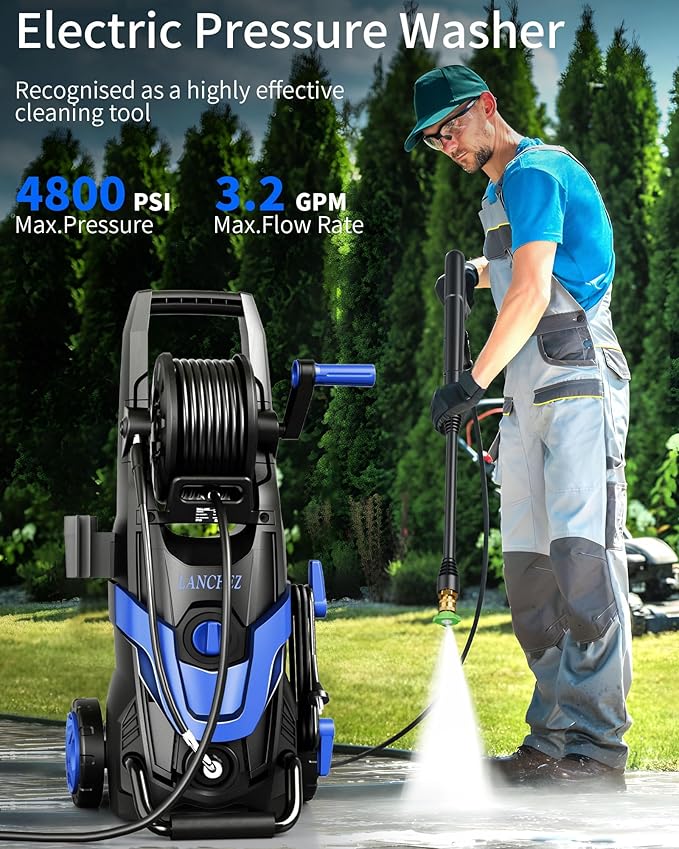 LANCHEZ Pressure Washer 4800PSI with 4 Quick Connect Nozzles, Inlet Hose & Filter&500ML Foam Cannon, Power Washer for Cars/Fences/Driveways/Patios/Home Cleaning (Blue)