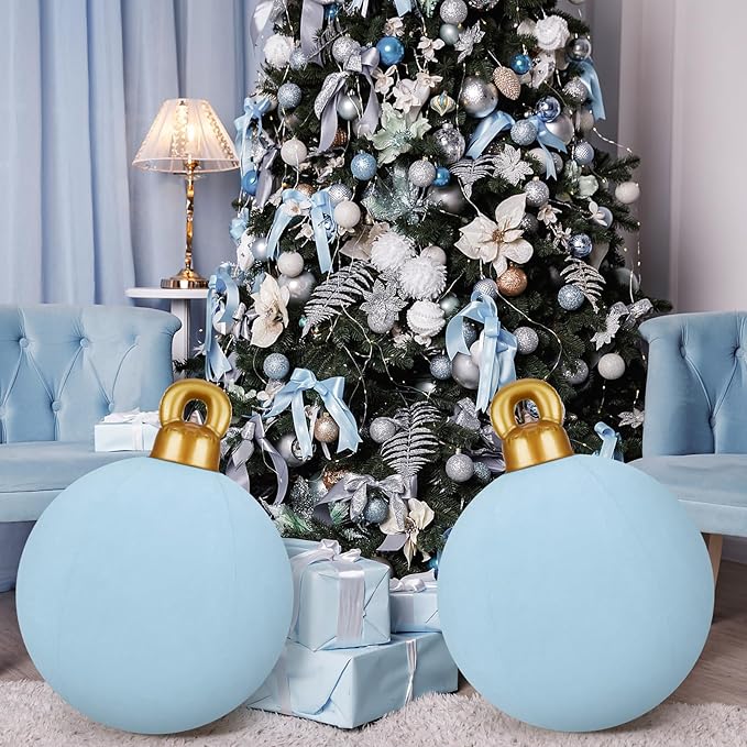 Jetec 3 Pcs 32 Inch Giant Velvet Christmas Inflatable Balls Ornament Flocked Xmas PVC Inflatable Flocked Ball Ornaments for Christmas Holiday Outdoor Blow up Yard Decor(Gray Blue)