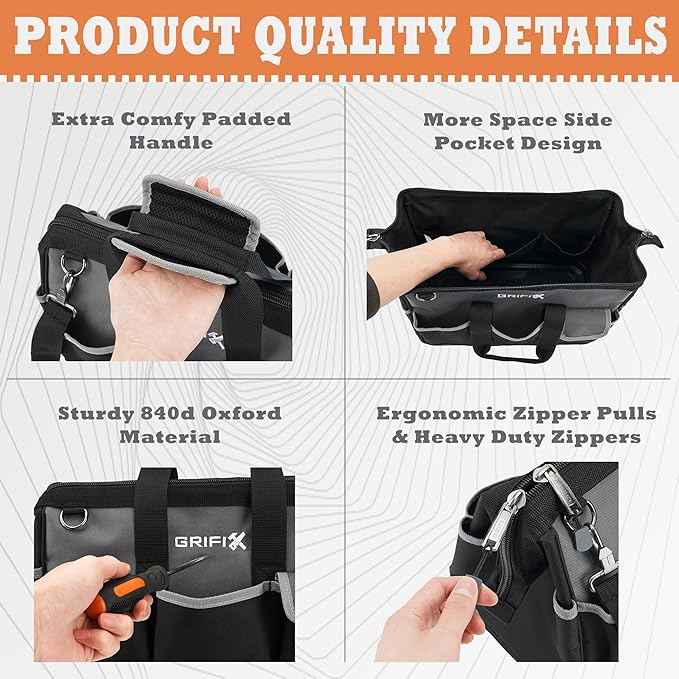 17-inch Tool Bag, Tool Box Organizer Storage, Wide Mouth Tool Tote Bag with Large Zipper, 17-Pocket Portable Adjustable Shoulder Strap and Ergonomic Handle (17" Molded Base)