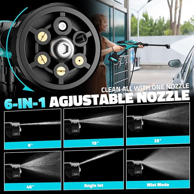 Cordless Pressure Washer, 800PSI Brushless Power Washer with 2 x 4.0Ah Battery, 17FT High Elastic Hose, 6-in-1 Nozzle and Storage Handbag, 3 Power Level Portable Pressure Washer for Home, Car, Garden