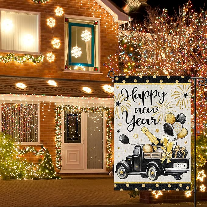 Heyfibro Happy New Year Truck Garden Flag 12x18 Inch Double Sided Black Gold Champagne Balloon Garden Flag Decorative Firework Yard Flags for Outside House Farmhouse Holiday Outdoor Decoration
