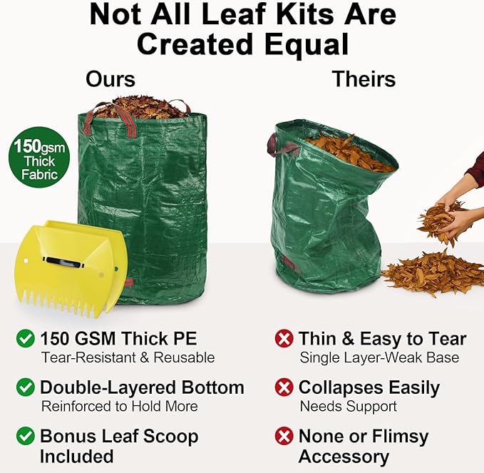 3-Pack 32 Gallon Yard Waste Bags with Leaf Scoop — Collapsible, Stand-Open Garden Bags with Reinforced Handles, Heavy-Duty Reusable Lawn Containers for Leaves, Weeds & Debris