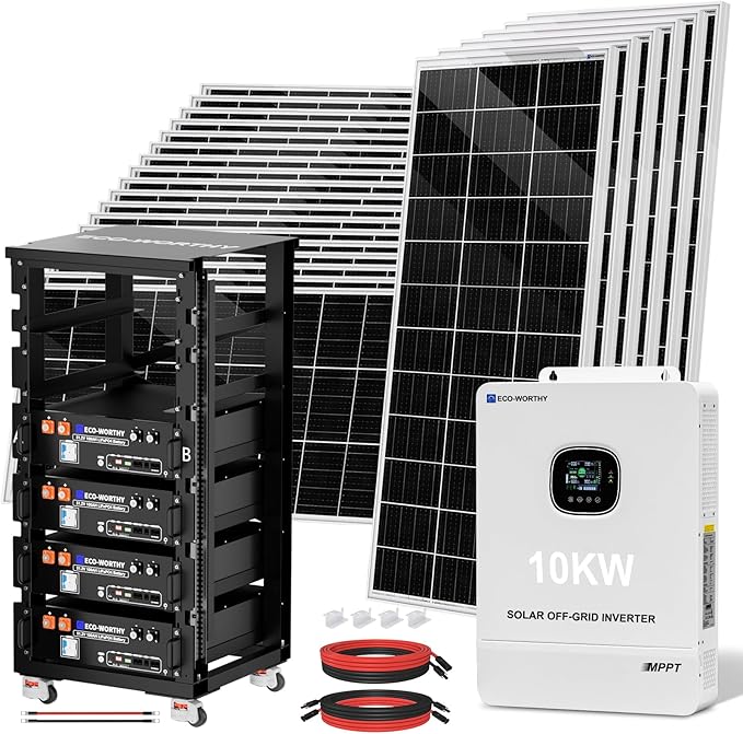 ECO-WORTHY 10KW Output 18.72KWH Home Solar Power System Complete kit:24pcs 195W Solar Panel(4680W)+10KW 120V/240V Inverter + 4pcs 48V 100AH Lithium Battery,for Off Grid/Energy Freedom