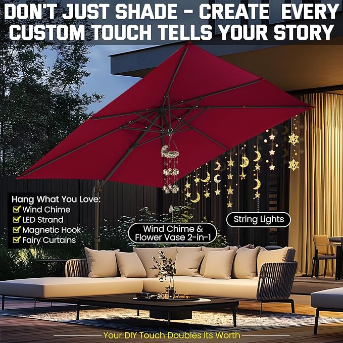 Hotime 10ft Patio Umbrella Outdoor Patio Height adjustable and Windproof, Heavy Duty Aluminum Square Offset Patio Umbrella Cantilever Pool Umbrella with 360°Rotation for Garden Deck Pool, Wine Red