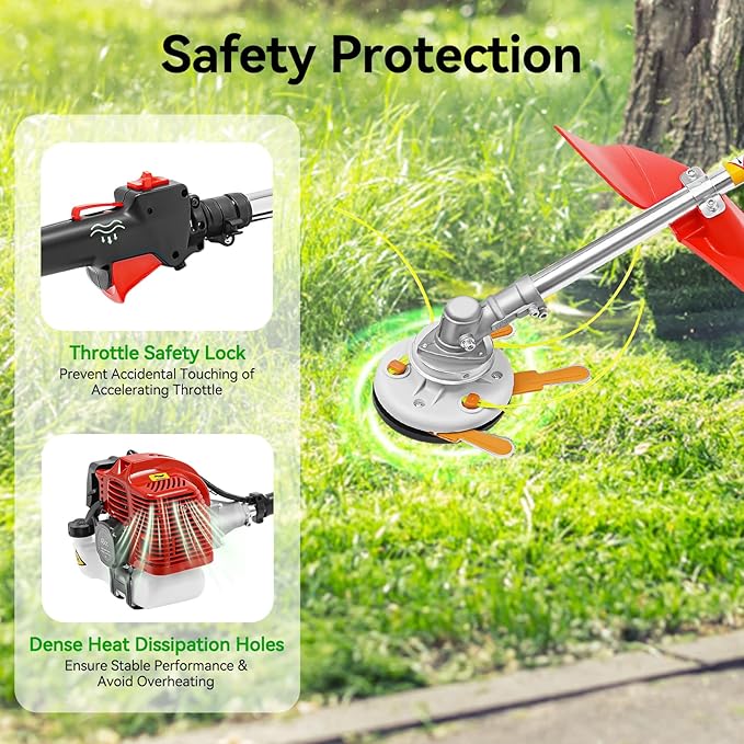 Gas Powered String Trimmer, 4 Stroke Air-Cooled Cordless Lawn Edger Gasoline Weed Eater with 2 Blade Heads for Garden Lawn Grass Hedge Trimmer (35.9CC, 0.75KW)