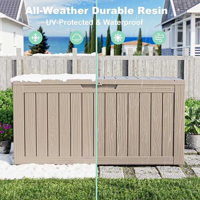 75 Gallon Waterproof Resin Deck Box, UV Resistant Outdoor Storage for Garden, Patio, Porch, Delivery, Light Brown