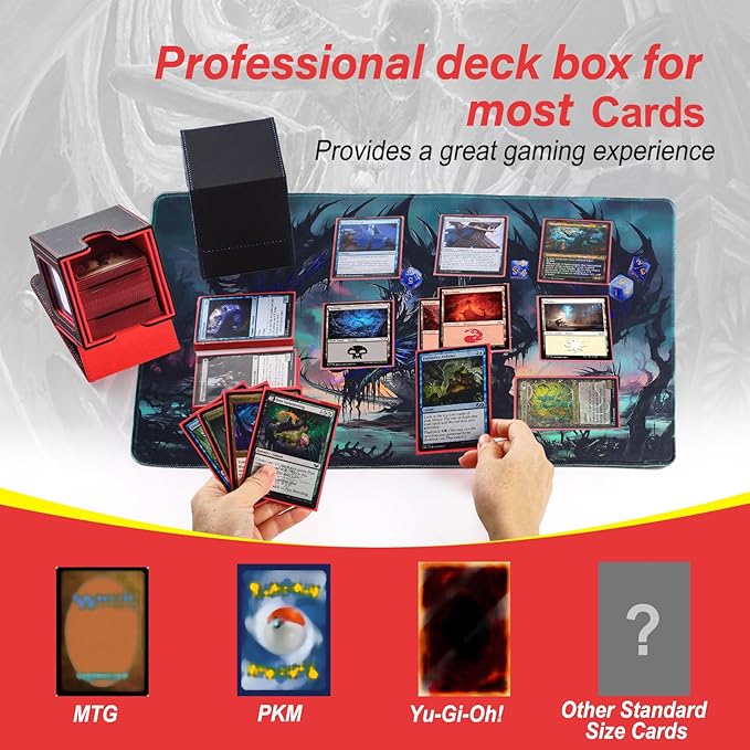 MTG Deck Box, Double Display Window MTG, Commander Deck Box Fits 120+ Single Sleeved Cards, PU Leather Magnetic Closure Card Box with 2 Dividers&2 Toploaders for TCG, CCG, Black/Red