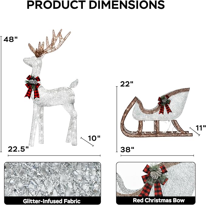 Outdoor Lighted Reindeer with Sleigh Christmas Decors, 3D Deer & Santa Sleigh Holiday Yard Decorations with 170 Warm White LEDs, Garden, Lawn Winter Displays, 2-Piece Set, Silver & Brwon