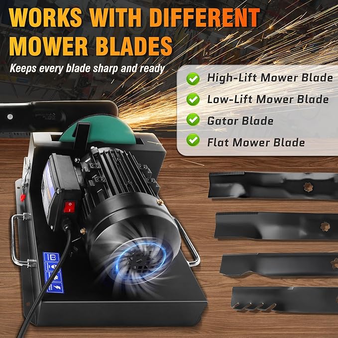 Lawn Mower Blade Sharpener 2/3 HP 500W, 7" Ceramic Wheel with 9 Extra Sandpapers, Heavy-Duty Sharpening Machine for High/Low Lift, Gator & Flat Blades
