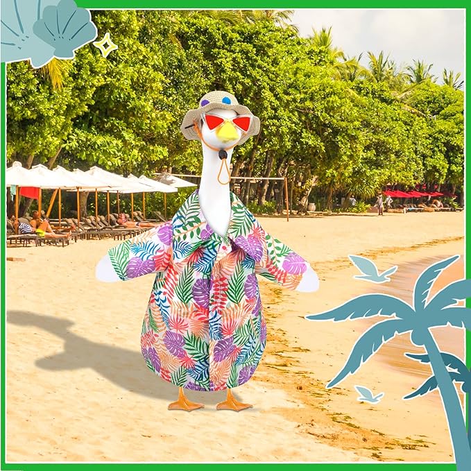 Hawaiian Porch Goose Outfits, Summer Lawn Goose Outfit with Sunglasses & Hat, Yard Goose Clothes and 3 Pcs/Set Goose Costume for 23" 17" Statue Patio Garden Decoration
