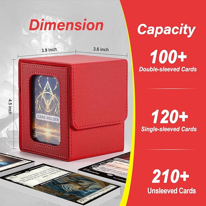 MTG Deck Box, Double Display Window MTG, Commander Deck Box Fits 120+ Single Sleeved Cards, PU Leather Magnetic Closure Card Box with 2 Dividers&2 Toploaders for TCG, CCG, Red