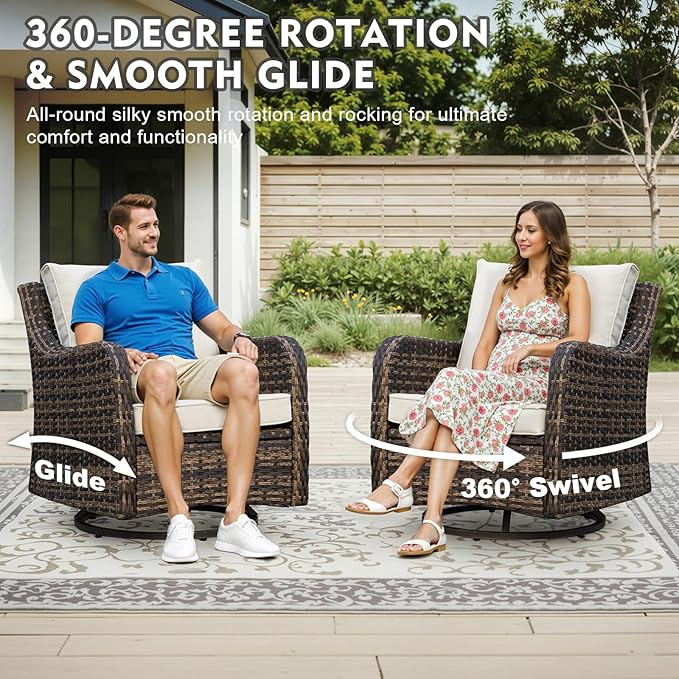MEISSALIVVE 6 Pieces Patio Furniture Set with 43" Fire Pit Table, Wicker Patio Conversation Set with Swivel Rocking Chairs, Outdoor Patio Set for Lawn Backyard Porch (Brown)
